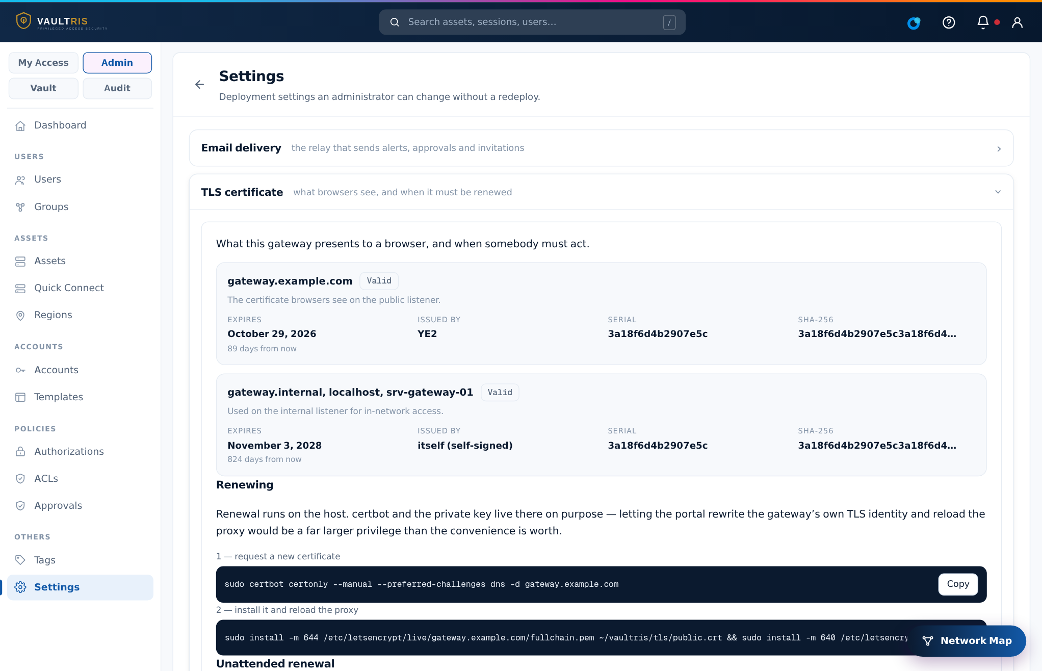 Certificate settings